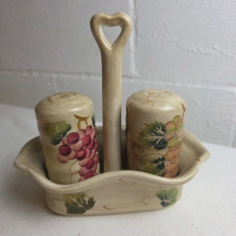 Vintage Tabletops Gallery Cabernet Ceramic Grape Vine Salt Pepper Shakers Caddy